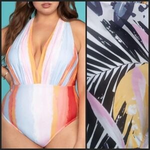 NEW! SWIMRX Tropical Plunging Neckline One Piece Swimwear Swimsuit 3X.